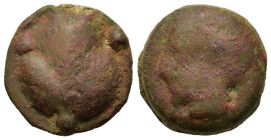 Sicily, Selinos, c. 450-440 BC. Cast Æ Tetras (19.4mm,9.9g). Horned head of river-god l. R/ Selinon leaf; three pellets (mark of value) around. CNS 6;...