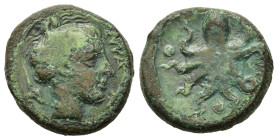 Sicily, Syracuse. Second Democracy (466-405 BC). Æ Tetras (16.3mm,4.4g). Struck circa 415-410 BC. Head of Arethousa r.; dolphins flanking neck. R/ Oct...