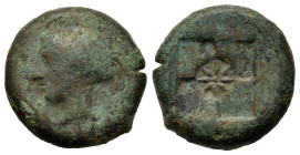 Sicily, Syracuse. Second Democracy, c. 466-405 BC. Æ Hemilitron (16,8mm,4.8g). Head of nymph l., wearing necklace, hair in ampyx and sphendone decorat...