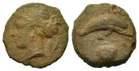 Sicily, Syracuse. Second Democracy, c. 415-405 BC. Æ (15,5mm,2.8g). Head of Arethusa l., wearing sphendone; branch to r. R/ Dolphin r.; scallop shell ...