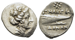 Kings of Macedon. Time of Philip V and Perseus (187-168 BC). AR Tetrobol (15,6mm.2.2g). Head of maenad to r., wreathed with grape bunches. R/ Stern of...