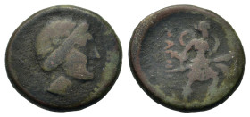 Thessaly, The Magnetes, c. 150-130 BC. Æ (16mm,3.5g). Laureate head of Apollo r. R/MAGNH[TWN], Artemis advancing r., wearing billowing chlamys and chi...