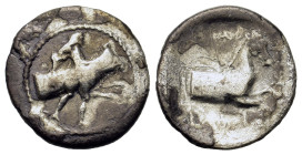 Thessaly, Trikka, c. 440-400 BC. AR Hemidrachm (17.2mm,2.4). Thessalos, nude but for petasos and cloak tied at neck, standing r., holding band across ...