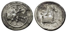 Thessaly, Trikka, c. 440-400 BC. AR Hemidrachm (15.8mm,2.7g). Thessalos, nude but for petasos and cloak tied at neck, standing r., holding band across...