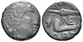 Aitolia, Aitolian League, c. 211-196 BC. Æ (15mm, 3.40g, 11h). Laureate male head r. R/ Spearhead above jawbone of boar; grape bunch to l.; NE monogra...