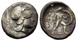 Lokris, Lokri Opuntii, c. 300-275 BC. AR Hemidrachm – Triobol (16.2mm,2.3g). Helmeted head of Athena r. R/ Ajax, nude but for Corinthian helmet, advan...