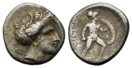 Lokris, Lokris Opuntii, c. 360-350 BC. AR Triobol (15mm,2.7g). Head of Demeter r., wearing wreath of corn-ears. R/ Ajax, nude but for crested Corinthi...