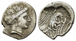 Euboia, Chalkis, c. 338-308 BC. AR Drachm (16,6mm,3.2g). Head of nymph r. R/ X-AΛ, eagle flying r., carrying snake in talons and beak; to l., to r., k...