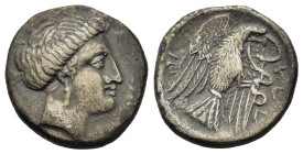 Euboia, Chalkis, c. 338-308 BC. AR Drachm (16,2mm,3.2g). Head of nymph r. R/ X-AΛ, eagle flying r., carrying snake in talons and beak; to l., monogram...