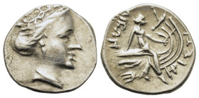 Euboia, Histiaia, 3rd-2nd centuries BC. AR Tetrobol (15,5mm,2.2g). Wreathed head of nymph Histiaia r. R/ Nymph seated r. on stern of galley, wing on p...