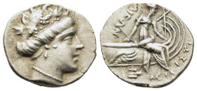 Euboia, Histiaia, 3rd-2nd centuries BC. AR Tetrobol (16mm,2.2g). Wreathed head of nymph Histiaia r. R/ Nymph seated r. on stern of galley, wing on pro...
