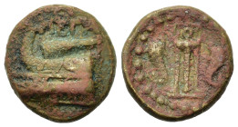 Megaris. Megara, c. 275-250 BC. Æ Dichalkon (14,7mm,3g). ΜΕΓΑ. Prow l. R/Tripod between two dolphins. BCD Peloponnesos 17; HGC 4, 1798.