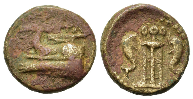 Megaris. Megara, c. 275-250 BC. Æ Dichalkon (15,2mm,3g). ΜΕΓΑ. Prow l. R/Tripod ...
