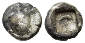 Attica. Aegina, c. 480 BC. Obol (8.7mm,0.9g). Sea turtle. R/ Dolphin swimming r.; floral ornament to lower r.; all within incuse square. Traité 1046; ...