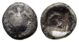 Attica. Aegina, c. 480 BC. Obol (8.7mm,0.9g). Sea turtle. R/ Dolphin swimming r.; floral ornament to lower r.; all within incuse square. Traité 1046; ...