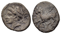 Corinthia, Corinth, c. 308-307 BC. AR Drachm (15,8mm,2.2g). Head of Aphrodite l., wearing earring and necklace, hair tied with ribbon and bound at top...
