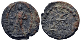 Asia Minor, Ephesos(?) 1st - 2nd centuries AD. PB Tessera (16,8mm,3g). Young Hermes standing l., holding kerykeion and pouch, dotted border. R/ΛΑ ΥΟΞ ...