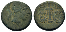 Pontos. Amisos, c. 120-85 BC. Æ (19,7mm,7.8g). Time of Mithradates VI Eupator.
Helmeted head of Ares r. R/ Sword in scabbard; l., monogram; crescent w...