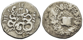 Mysia, Pergamon, c. 85-76 BC. AR Cistophoric Tetradrachm (23,7mm, 12.3g). Serpent emerging from cista mystica; all within ivy wreath. R/ Two serpents ...