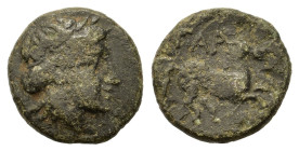 Troas, Gargara, c. late 3rd to early 2nd cent. BC. Æ (9,2mm,0.6g). Laureate head of Apollo r. R/ Horse galloping r., ΓAP above, grape below. SNG Auloc...