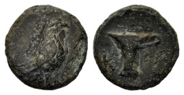 Aeolis, Kyme, c. 300-250 BC. Æ chalkous (10,5mm,1.1g). Eagle standing r. R/ K-Y, one-handled cup or jar. SNG Copenhagen 41-3.