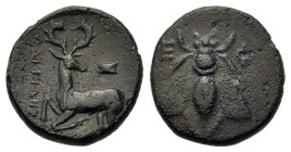 Ionia, Ephesos, c. 370-350 BC. Æ (13,8mm,2g). Pythes, magistrate. Bee. R/ Stag kneeling l., head r.; astragalos above, name to l. SNG Copenhagen –; cf...