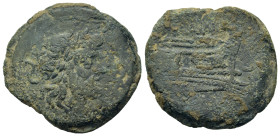 Anonymous, c. 215-212 BC. Æ Semis (25,4mm,12.5g). Rome. Laureate head of Saturn r.; S (mark of value) behind. R/ Prow of galley r.; S (mark of value) ...