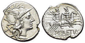 P. Aelius Paetus (138 BC). AR Denarius (21mm, 3.94g). Helmeted head of Roma r. R/ PPAETVS, the Dioscuri riding r., ROMA in ex. Crawford 233/1; RBW 968...