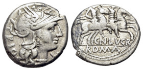 Cn. Lucretius Trio (136 BC) AR Denarius (18mm, 3.85g). Rome. Helmeted head of Roma to right; TRIO downwards behind, mark of value below chin. R/ The D...