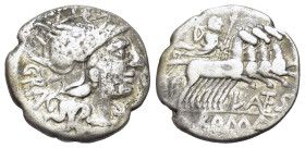 L. Antestius Gragulus, Rome, 136 BC. AR Denarius (18mm, 3.65g, 6h). Helmeted head of Roma r. R/ Jupiter driving quadriga r., holding reins and sceptre...