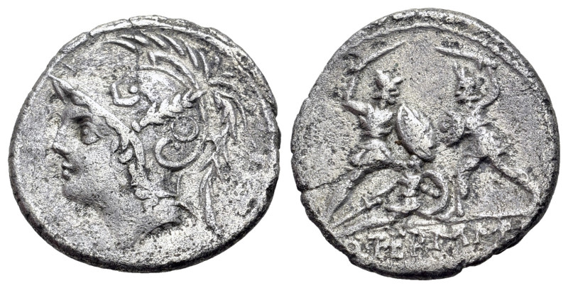 Q. Minucius M.f Thermus (103 BC) AR Denarius (3.77g 11.6m). Helmeted hd of Mars ...