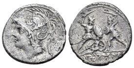 Q. Minucius M.f Thermus (103 BC) AR Denarius (3.77g 11.6m). Helmeted hd of Mars l., R/ Two warriors engaged in combat, one on l. protecting a fallen c...