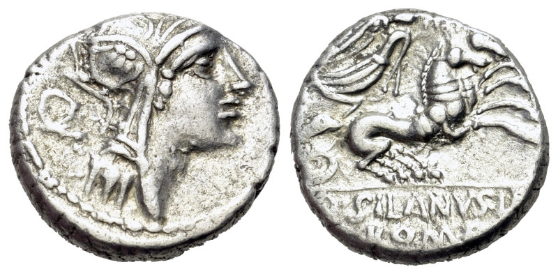 D. Iunius Silanus L.f. (91 BC) AR Denarius (16.70mm., 3.96g). Helmeted head of R...