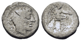 M. Cato, Rome, 89 BC. AR Quinarius (13,5mm,1.9g). Head of Liber r., wearing ivy wreath. R/ Victory seated r. on throne, holding palm branch and patera...