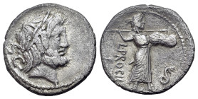 L. Procilius (80 BC). AR Denarius (18 mm, 3,48 g). Laureate head of Jupiter r; S C to l. R/ L PROCILI F, Juno Sospita advancing r, hurling spear and h...