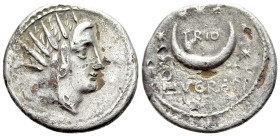 L. Lucretius Trio (74 BC). AR Plated Denarius (19mm, 2.83g, 12h). Rome. Radiate head of Sol right. R/ TRIO within crescent moon surrounded by seven st...