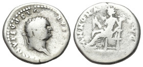 Vespasian (69-79). AR Denarius (18mm, 3.16g, 6h). Rome. Laureate head r. R/ Annona seated l., holding grain ears. RIC 964.