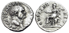 Vespasian (69-79). Denarius (18mm, 3.1 g). Roma, 70. IMP CAESAR VESPASIANVS AVG Laureate head right. R/ COS I TER TR POT Pax seated left, holding bran...