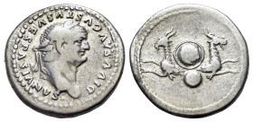 Vespasian (67-79). AR Denarius (79) (19mm, 3,17g). DIVUS AVGVSTVS VESPASIANVS, Laur hd. r. R/ Two capricorns supporting shield inscribed S C; below, g...