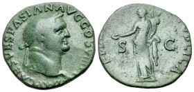 Vespasian (69-79). Æ As (77-78) (26mm, 7.27g, 6h). Lugdunum, Laur. hd r., IMP CAES VESPASIAN AVG COS VIII P P, R/ Fides standing l. holding patera and...