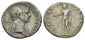 Trajan (98-117). AR Denarius (19,3mm,3.3g). Rome. Laureate and draped bust r. R/Bonus Eventus (or Genius) standing l., holding patera and grain ears. ...