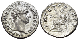 Trajan (98-117) AR Denarius (3.19g 18.2m) Rome. Laur dr. bust r., IMP CAES NERVA TRA – IAN AVG GERM. R/ PM TR P COS II PP, Victory seated l. Sear 986,...