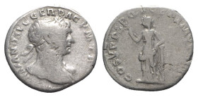 Trajan (98-117). AR Denarius (18mm, 3.26g, 7h). Rome, c. 108-110. Laureate bust r., with drapery. R/ Felicitas standing facing, head l., holding caduc...