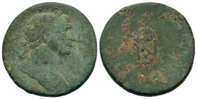 Trajan (98-117). Æ Sestertius (31mm, 23.5g). Rome, AD 109-10. Laureate bust right with slight drapery on left shoulder. R/ Spes walking left holding f...