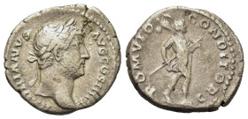 Hadrian (117-138). AR Denarius (18,3mm, 3g). Rome, AD 134-138. Laureate bust r. R/ Romulus advancing right, holding spear and trophy. RIC II 1424.