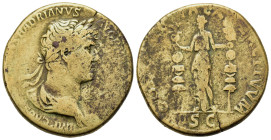 Hadrian (117-138). Æ Sestertius (31,8mm,24g). Rome. Laureate bust r., slight drapery on far shoulder. R/ Concordia standing l., holding legionary eagl...