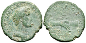Antoninus Pius (Caesar, 138). Æ As (27mm, 9.82g, 12h). Rome, AD 138. Bareheaded and draped bust r. R/ Clasped r. hands holding caduceus and grain ears...