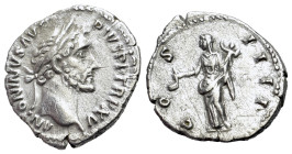 Antoninus Pius (138-161). AR Denarius (2.76g, 17.54mm). ANTONINVS AVG PIVS P P TR P XV, Laur. head r., R/ COS IIII, Vesta stg l., holding simpulum and...
