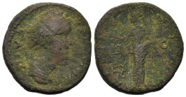 Diva Faustina I (died AD 140/1). Æ Sestertius (25,5mm, 9.7g). Rome, c. 146-161. Draped bust r. R/ Vesta standing l., holding palladium and sceptre. RI...