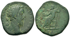 Marcus Aurelius (161-180). Æ Sestertius (29,4mm,25.9g). Rome. Laureate head r. R/ Jupiter seated l., holding Victory and spear. RIC III 1064; MIR 18, ...